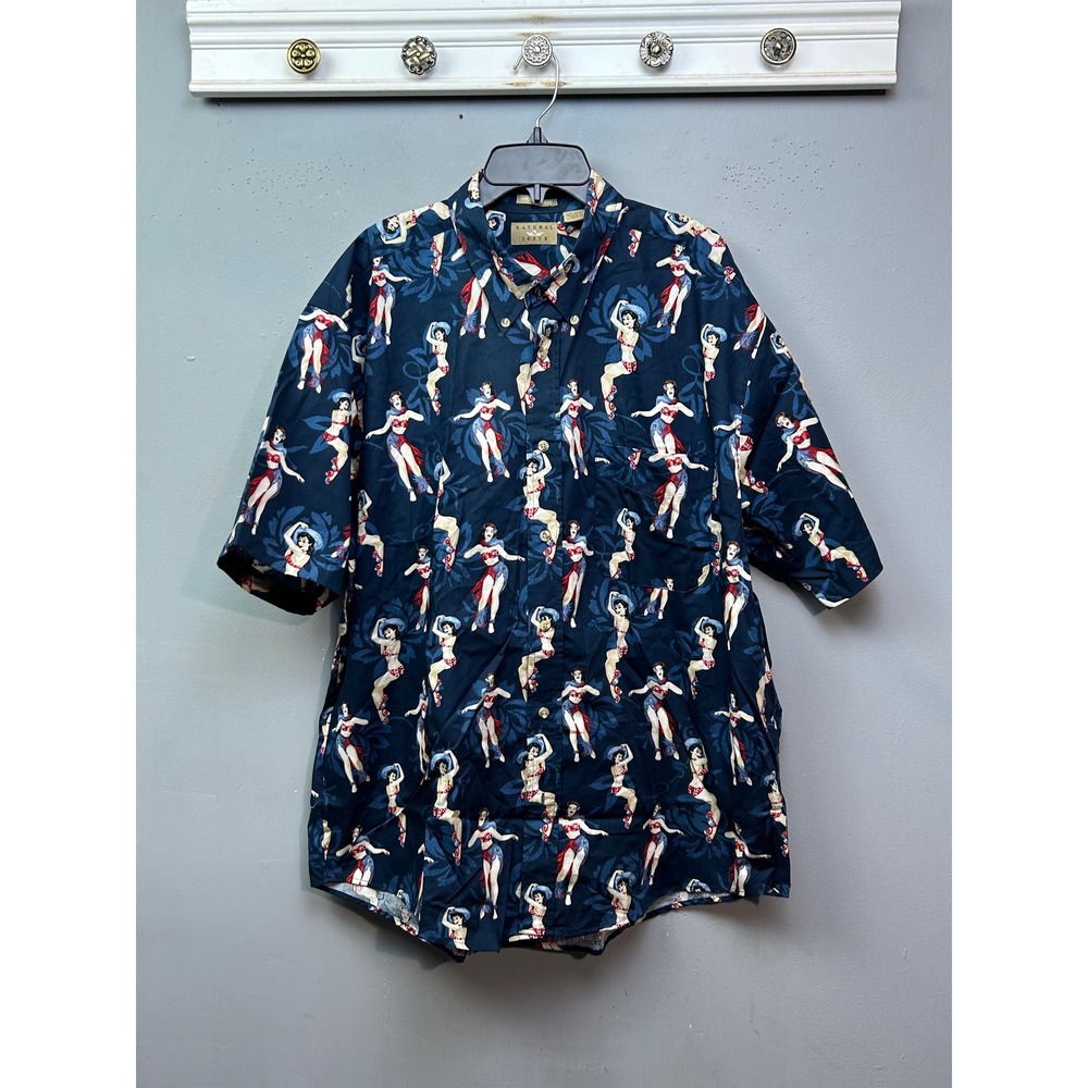 Natural Issue Mens XL Navy Pin-Up Girl Hula Dancer Wrinkle Free Button Shirt